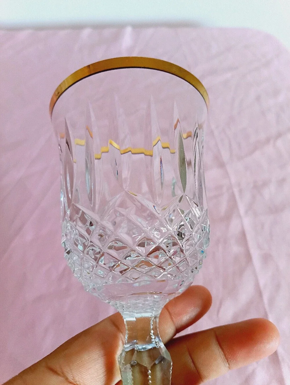 Wedgwood Crystal Wine Glass Gold Rim Diamond Cut Pattern Starburst Base